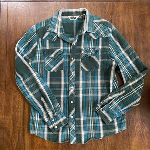Salt Valley Western Mens Large Green Blue Plaid Button Up Shirt Pearl Snap Cabin